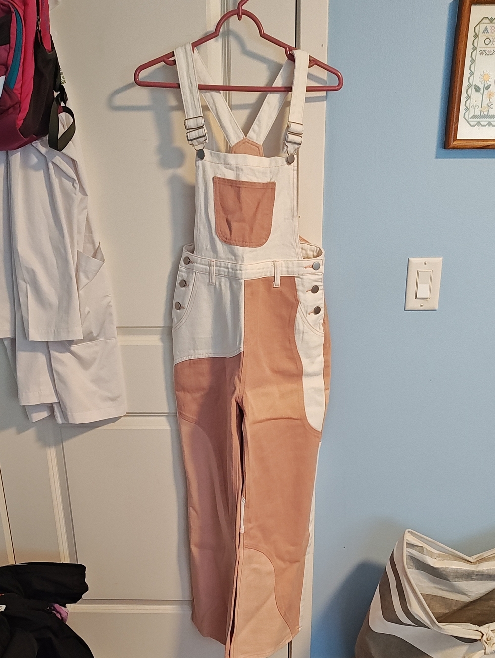 Women’s Two-Tone Pink And White Denim Overalls